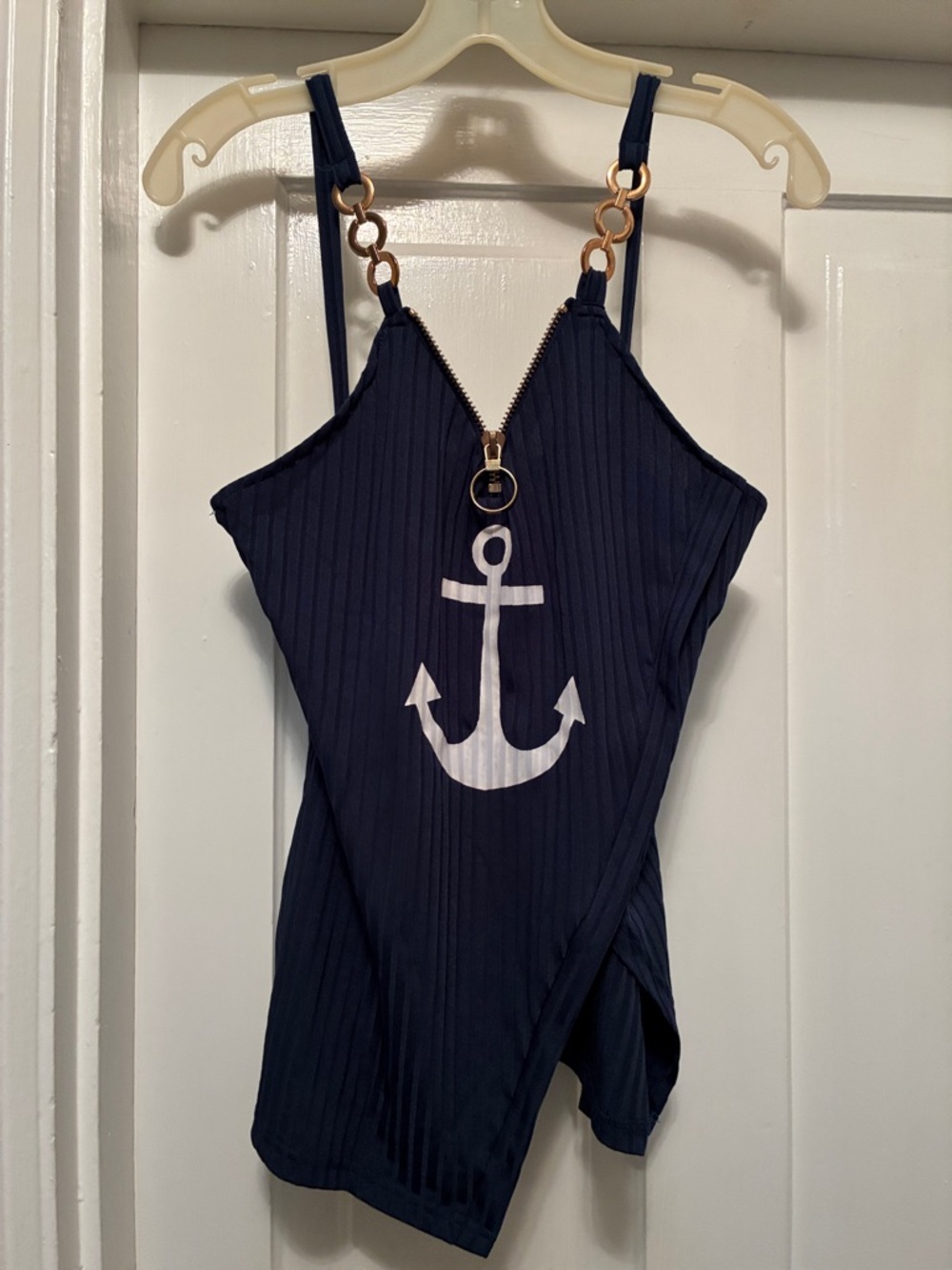 Navy Ribbed Anchor Camisole with Gold Ring Zipper